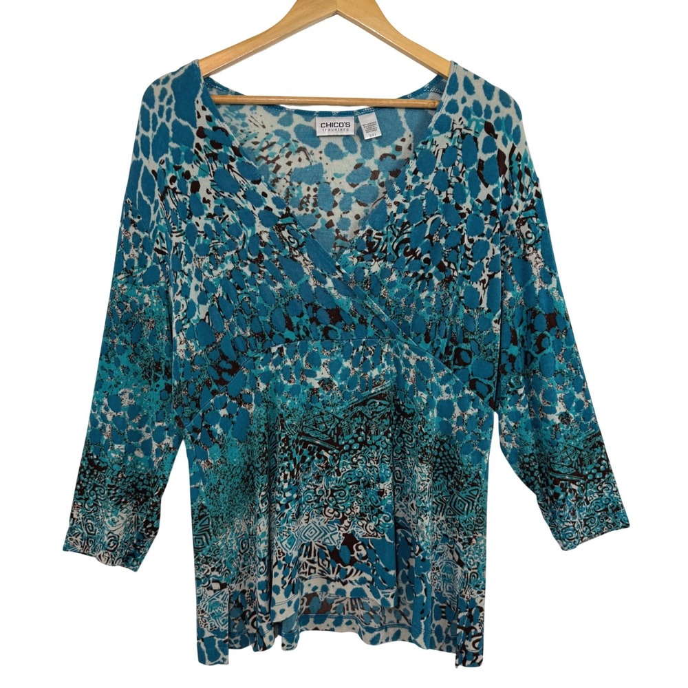 Chico's Travelers Faux Wrap Blouse Top‎ Teal Blue Abstract Art to Wear Size 3 XL